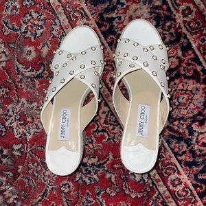 White and tan Jimmy choo once worn faux pearl wedge heels